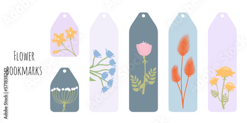 Set of 6 bookmarks in aesthetic colors and decorative hand draw flowers and plants. Flat style botanical illustration. Minimalistic bookmark templates for reading. Isolated on white background.