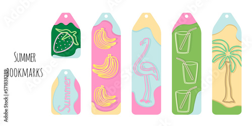 Set of 6 bookmarks with colorful spots and summer neon elements. Bookmark templates for reading. Minimalistic design. Bright and positive colors. Isolated on white background.