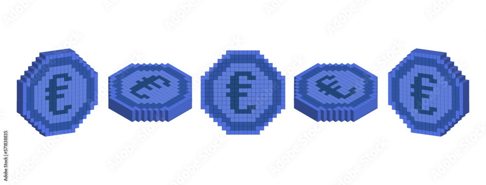 Vector set of 3d square coins made of pixels. Volumetric angular euro ...