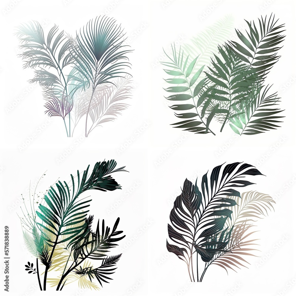 Flat Style Minimalism Line tropical plants, Isolated Palm Branches, Minimalistic Design Created with Generative AI technology