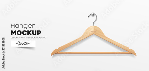 Clothes wooden hangers realistic, mockup template design isolated on white background, EPS10 Vector illustration.
 photo