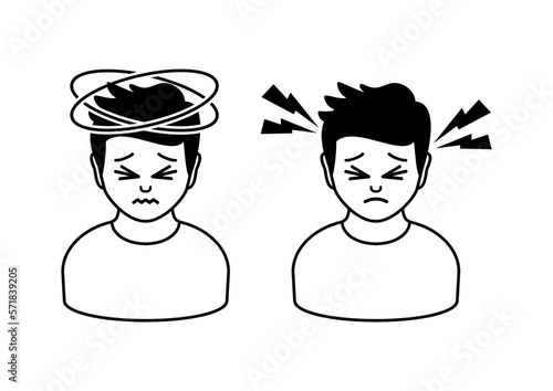 Head pain headache black and white icon set vector. Migraine, dizziness, stress, headache outline symbol isolated on a white background. Man with headache graphic design element