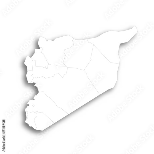 Syria political map of administrative divisions - governorates. Flat white blank map with thin black outline and dropped shadow.