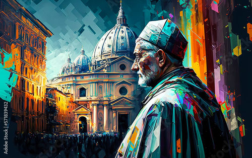 Abstract painting concept. Colorful art of a the Pope with Saint Peter in the Vatican,  Rome. Mediterranean culture. Generative AI.