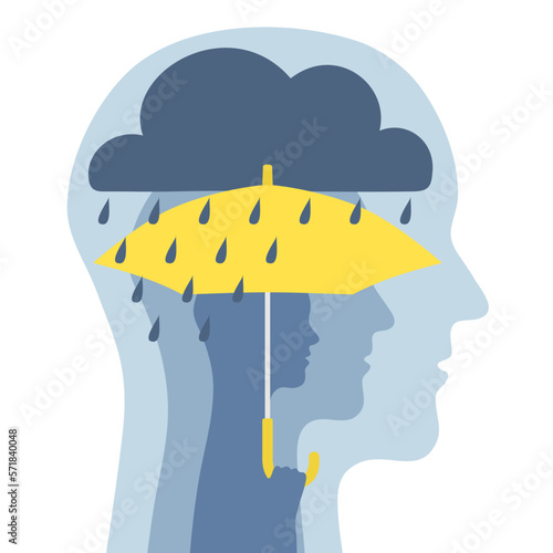 Abstract human head silhouette with cloud, rain, and umbrella. Illustration of resilience.