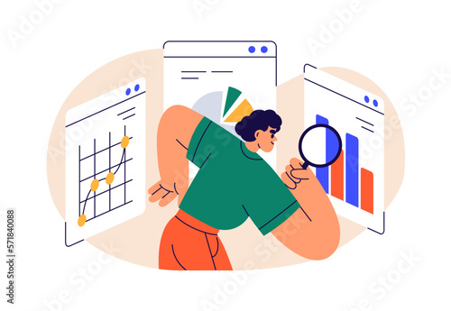 Business data research, analysis concept. Person with magnifying glass analyzing finance and marketing report, financial documents with charts. Flat vector illustration isolated on white background