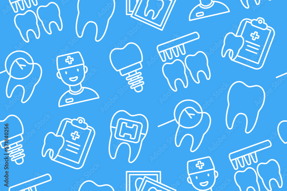 Seamless Pattern with Dentistry thin Line Icons. For your design of packaging, wallpaper, paper, fabric, wrapper. Vector illustration. Seamless Pattern with Dentistry thin Line Icons. For your design of packaging, wallpaper, paper, fabric, wrapper. Vector illustration.