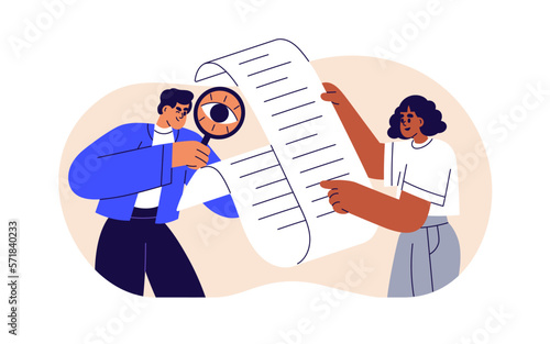 Studying information, case in business paper document. Checking, analyzing, inspecting text, searching data, researching with magnifying glass. Flat vector illustration isolated on white background