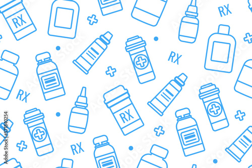 Seamless Pattern with Line Icons Medical Bottles. Different shapes of Medical Bottles. Vector illustration.