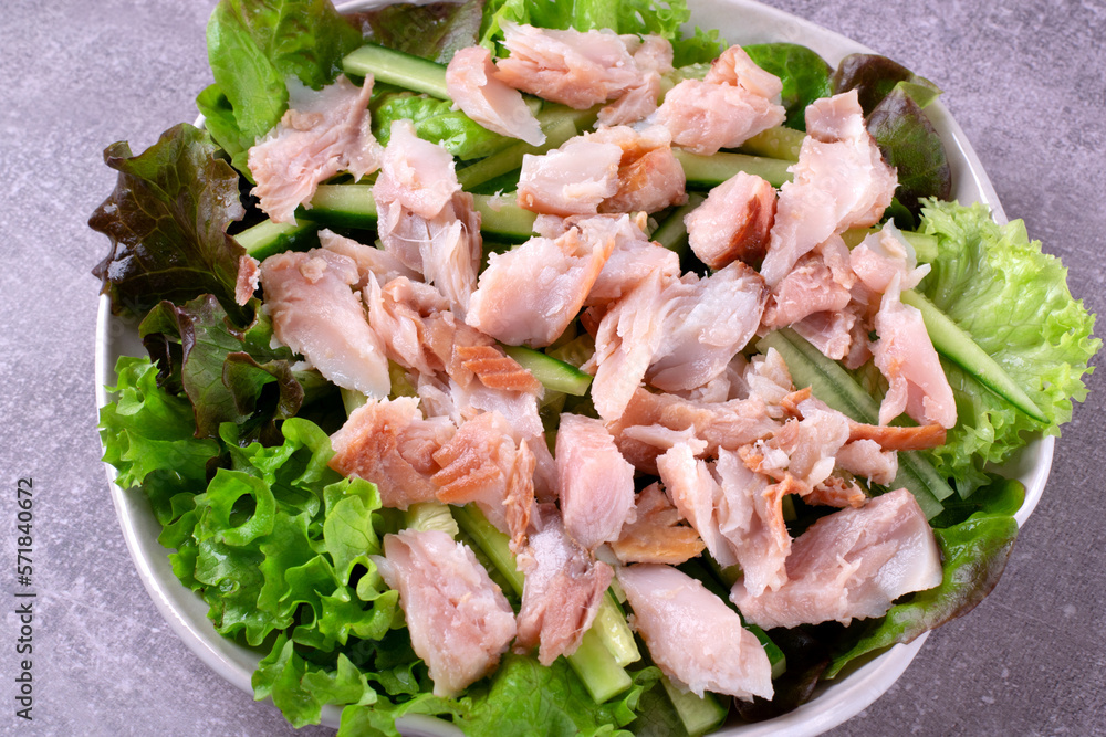 Salad with hot smoked catfish clarias, cucumber and lettuce dressed with lemon juice, soy sauce, honey and olive oil Salad with hot smoked catfish clarias, cucumber and lettuce dressed with lemon juice, soy sauce, honey and olive oil