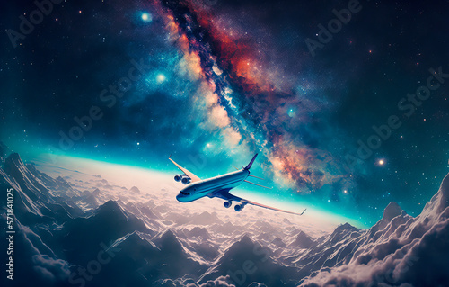 An airliner soars high into a pure, starry sky, flying over clouds, mountains and the Milky Way, offering a spectacular view of the cosmos. Generative AI