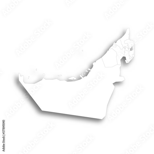 United Arab Emirates political map of administrative divisions - emirates. Flat white blank map with thin black outline and dropped shadow.