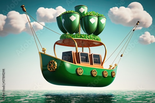 Fototapeta Green boat on the sea decorated for St