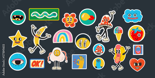 Fashion patch badges with lips, hearts, speech bubbles and other elements. Vector illustration set of stickers, pins, patches in cartoon 80s-90s style.