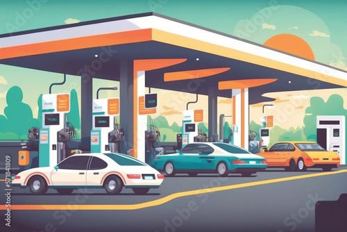 Generative AI illustration of cars on forecourt at a fuel station  photo
