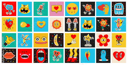 Hand drawn Vector illustrations of Set of Various retro patches, pins, stamps or stickers with abstract funny cute comic characters.