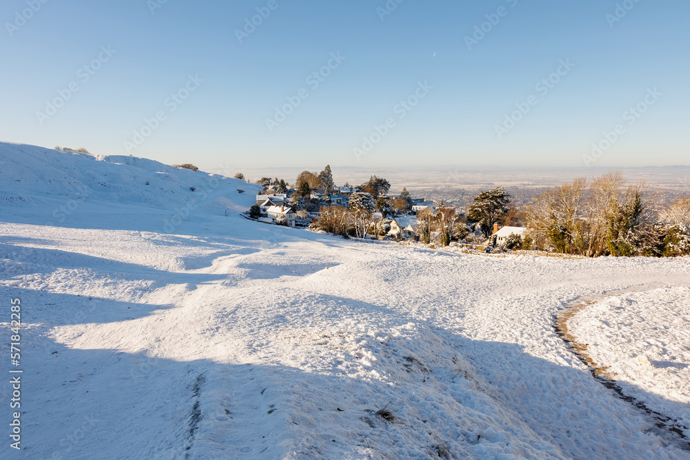 Snow covered wintery scenes of Cleeve Hill on The Cotswold Way, Cheltenham, Gloucestershire
