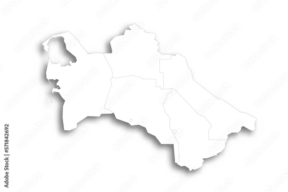 Turkmenistan political map of administrative divisions - regions and capital city district of Ashgabat. Flat white blank map with thin black outline and dropped shadow.