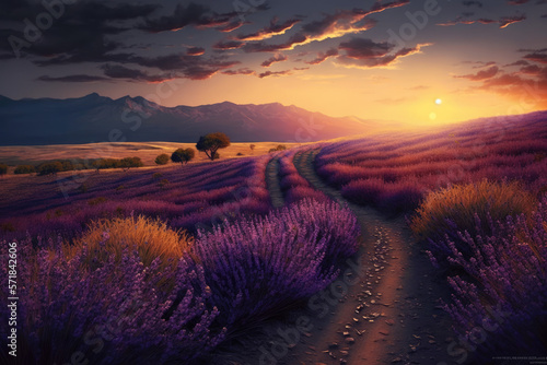 Field with rows of lavender flowers at sunset © Kien