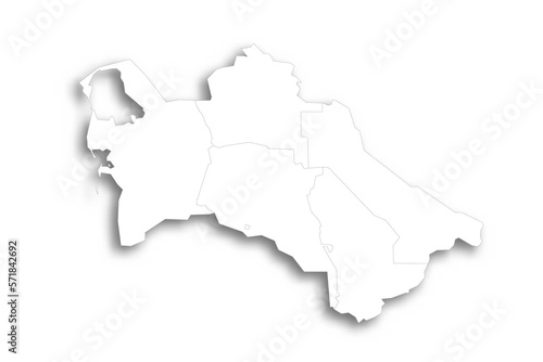 Turkmenistan political map of administrative divisions - regions and capital city district of Ashgabat. Flat white blank map with thin black outline and dropped shadow.