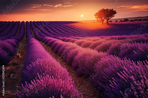 Field with rows of lavender flowers at sunset