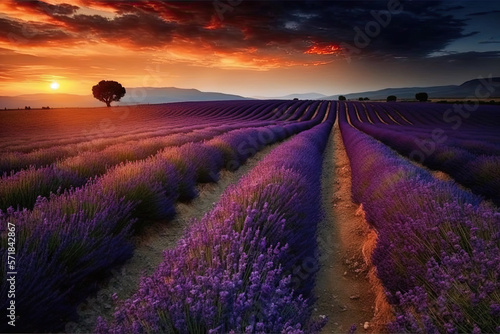 Field with rows of lavender flowers at sunset