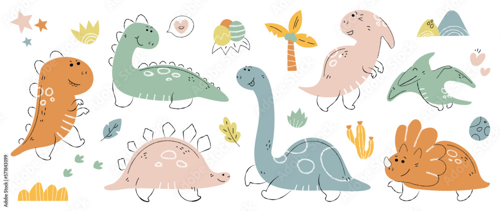 Obraz premium Cute dinosaurs vector set. Hand drawn doodle triceratops, stegosaurus, tyrannosaurus, diplodocus, pterosaur. Dinosaur comic character design for kids, print, clothes, poster, education, edutainment.