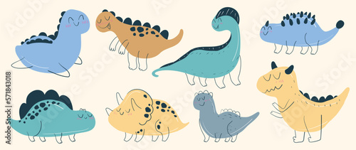 Cute dinosaurs vector set. Hand drawn doodle triceratops, stegosaurus, tyrannosaurus, diplodocus, ankylosaurus. Dinosaur comic character design for kids, print, cloth, poster, education, edutainment.