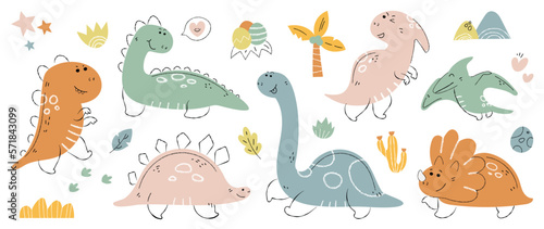 Cute dinosaurs vector set. Hand drawn doodle triceratops  stegosaurus  tyrannosaurus  diplodocus  pterosaur. Dinosaur comic character design for kids  print  clothes  poster  education  edutainment.