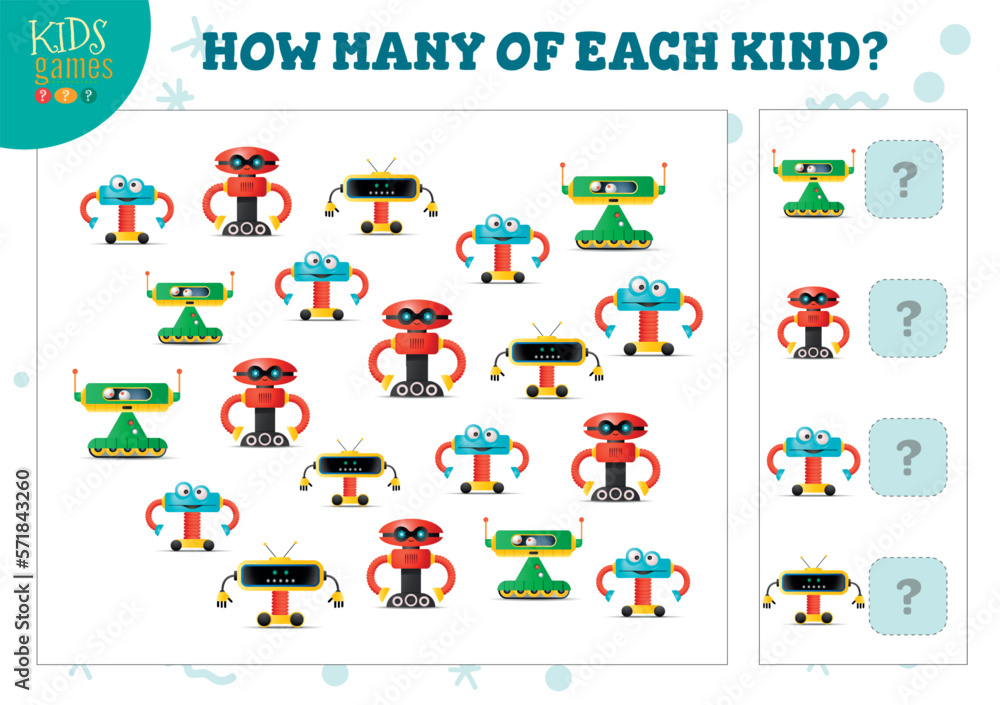 How many of each kind cartoon robot kids counting game vector illustration How many of each kind cartoon robot kids counting game vector illustration