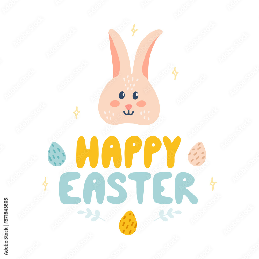 Happy Easter greetings, cute rabbit face and Easter eggs with hand lettering, vector flat hand drawn illustration, ready-made postcard, poster Happy Easter greetings, cute rabbit face and Easter eggs with hand lettering, vector flat hand drawn illustration, ready-made postcard, poster