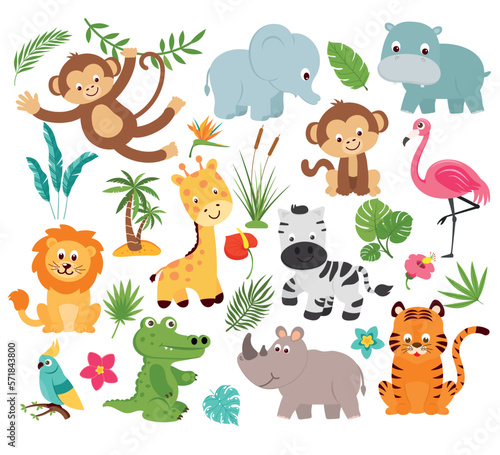 Vector set of cute tropical jungle animals and plants. Isolated on white background.