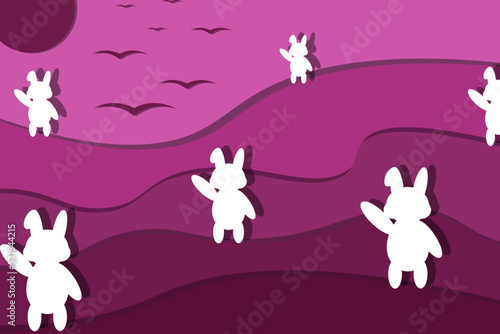 Viva magenta easter card with bunny silhouette. Landscape with rabbit, pink hills, birds and sun.