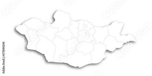 Mongolia political map of administrative divisions - provinces and khot Ulaanbaatar. Flat white blank map with thin black outline and dropped shadow.