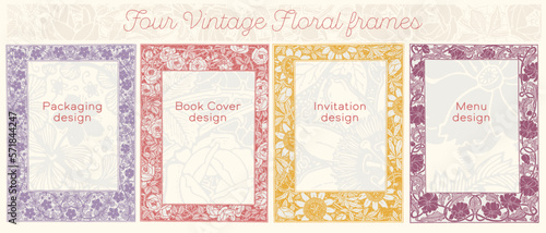 Vintage floral and foliage frames, ideal for book cover design, wedding card, menu design, packaging design and label graphics.