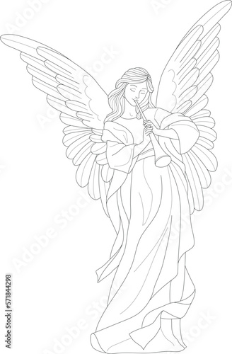 Christian angel playing on flute graphic sketch template. Cartoon vector illustration in black and white for games, background, pattern, decor. Children`s story book, fairytail, coloring paper, page. 
