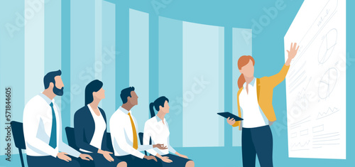 Lecture, education. A young female speaker gives a presentation. Business vector illustration.