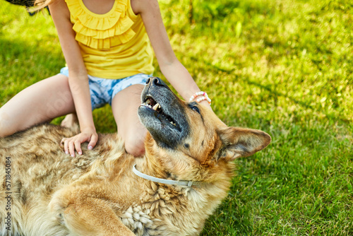 Fototapeta Naklejka Na Ścianę i Meble -  Cute girl and old dog enjoy summer day on the grass in the park