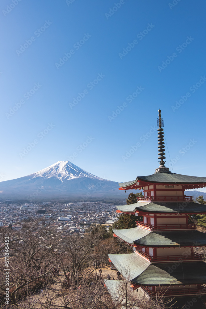 Fuji mountain with blue sky and Chureito red pagoda at Fujiyoshida, Japan.