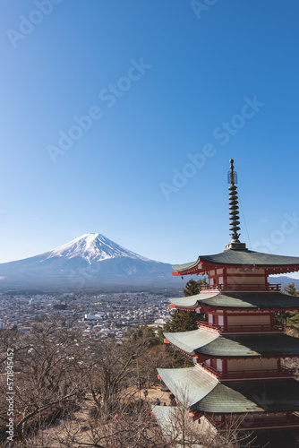 Fuji mountain with blue sky and Chureito red pagoda at Fujiyoshida  Japan.