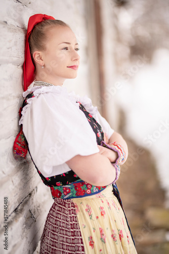 slovak folk costume. Young beautiful slovak woman in traditional dress. Slovak folklore