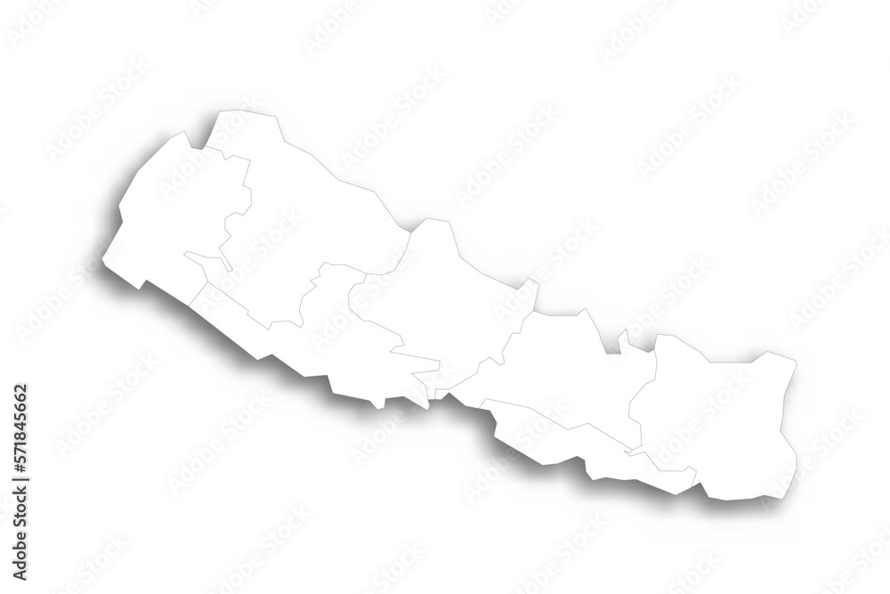 Fototapeta premium Nepal political map of administrative divisions - provinces. Flat white blank map with thin black outline and dropped shadow.