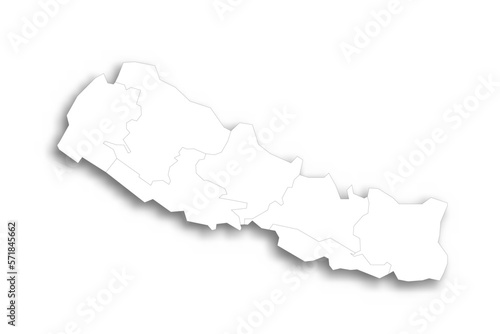 Nepal political map of administrative divisions - provinces. Flat white blank map with thin black outline and dropped shadow.