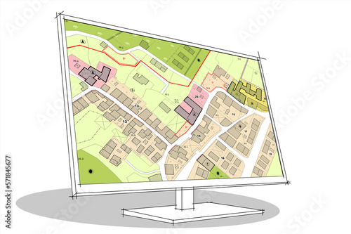 Imaginary General Urban Plan concept. Zoning regulations with zoning districts, urban destinations, land use, buildable areas and land plot