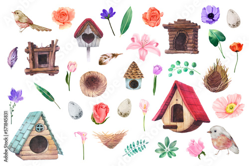 Fototapeta Birdhouse with spring flower watercolor collection