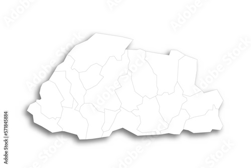 Bhutan political map of administrative divisions - districts. Flat white blank map with thin black outline and dropped shadow.