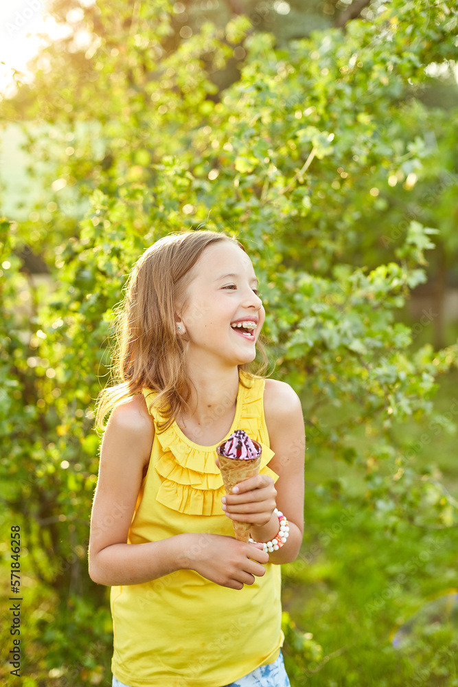 Happy girl with braces eating italian ice cream cone smiling while resting in park on summer day