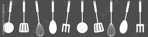 set of cutlery. Set of black silhouettes kitchen tools fork spoon knife rolling pin ladle board for cutting culinary banner with place for your text vector illustration isolated on white background
