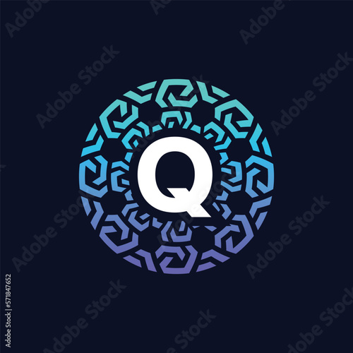modern and bold initial letter Q alphabet technology connection circle emblem logo