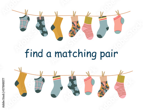 Find a pair of matching socks. Children education logic game. Preschool worksheet activity for kids. Vector illustration in cartoon style.